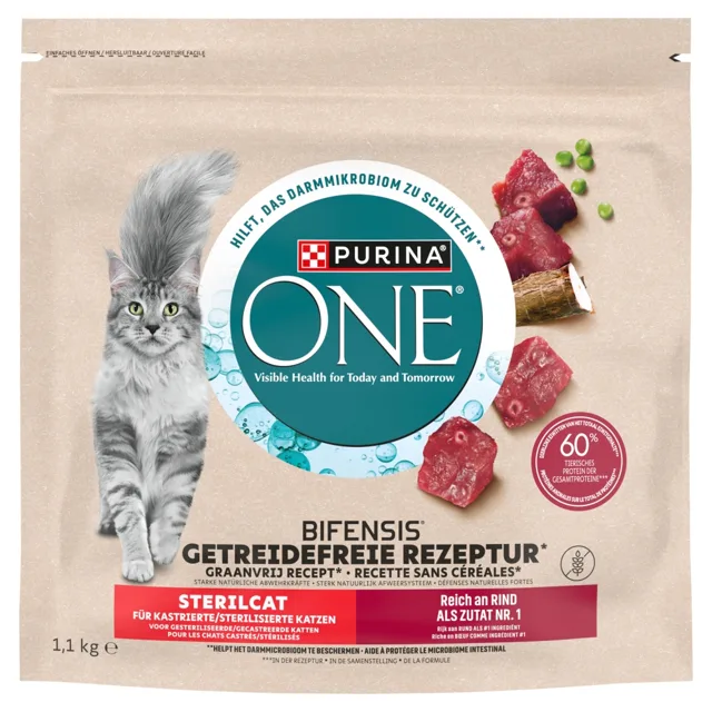 PURINA ONE Bifensis Grain Free Sterilcat Adult Beef 1,1 kg bohatá na hovězí maso granule pro kočky po sterilizaci