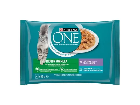 Purina ONE Indoor kapsičky pro kočky tuňák, telecí ve šťávě 4 x 85 g