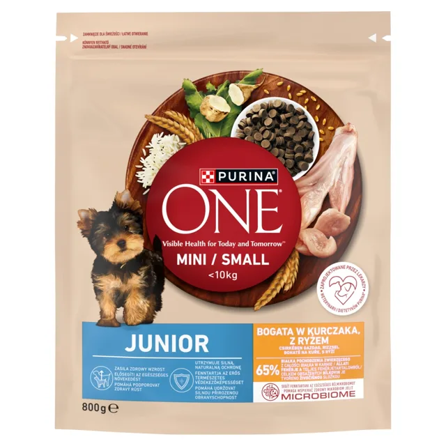 PURINA ONE Junior Mini Small Chicken with Rice 800g bohaté na kuře a rýži, suché krmivo pro štěňata