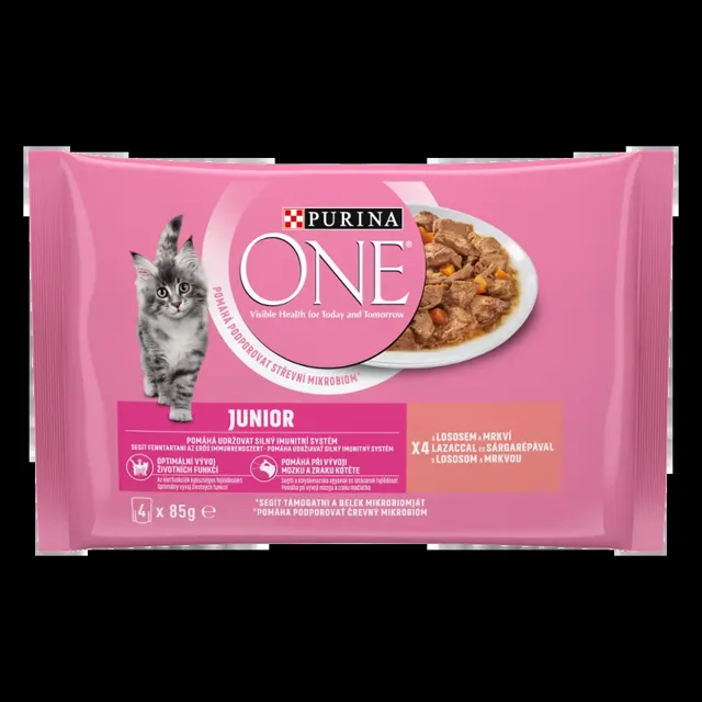 Purina One Kapsička pro kočky Junior s lososem a mrkví ve šťávě multipack 4x 85 g  340 g