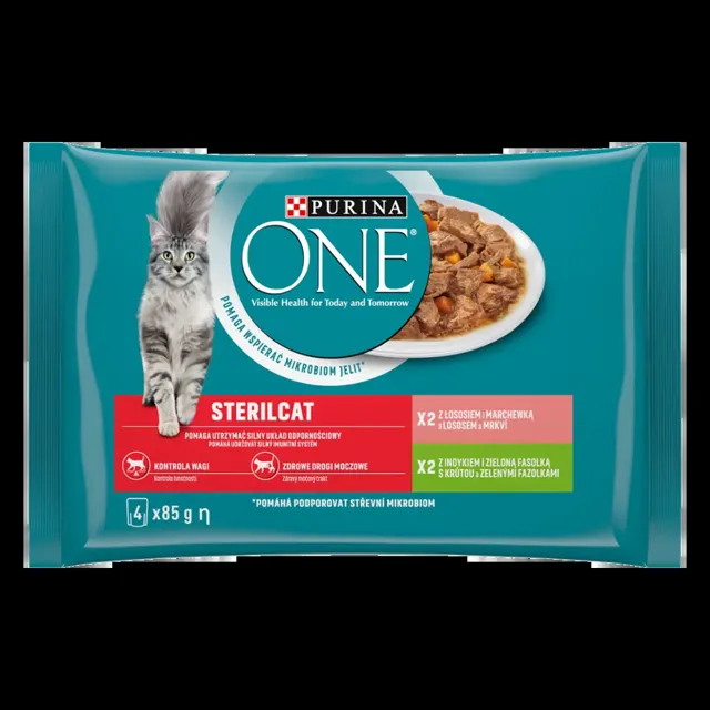 Purina One Kapsička pro kočky Sterilcat s krůtou a zelenými fazolkami, s lososem a mrkví ve šťávě multipack 4x 85 g  340 g
