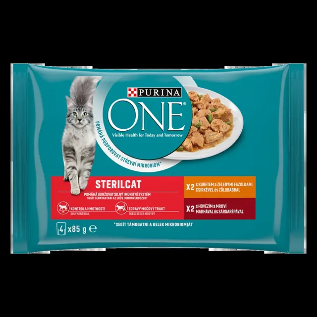 Purina One Kapsička pro kočky Sterilcat s kuřetem a zelenými fazolkami, s hovězím a mrkví ve šťávě multipack 4x 85 g 340 g