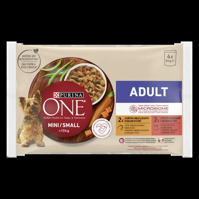 Purina One Kapsičky Adult s kuřetem a hovězím ve šťávě 4x 85 g 340 g