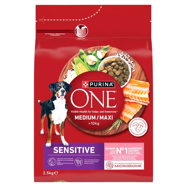 PURINA ONE Medium Maxi Adult Sensitive Salmon and Rice 2,5 kg s lososem a rýží, suché krmivo pro střední a velké psy s citlivým zažíváním