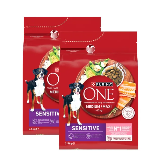 PURINA ONE Medium Maxi Adult Sensitive Salmon and Rice 2x2,5 kg s lososem a rýží granule pro střední a velké psy s citlivým zažíváním
