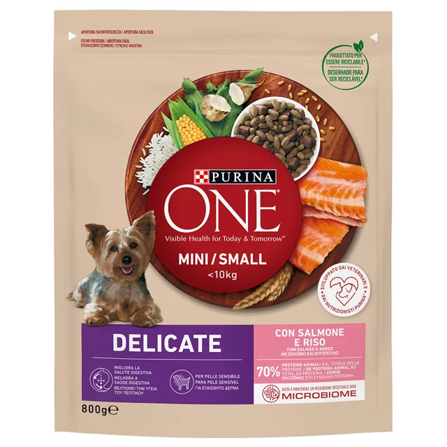Purina ONE Mini Delicate granule losos, rýže - 800 g