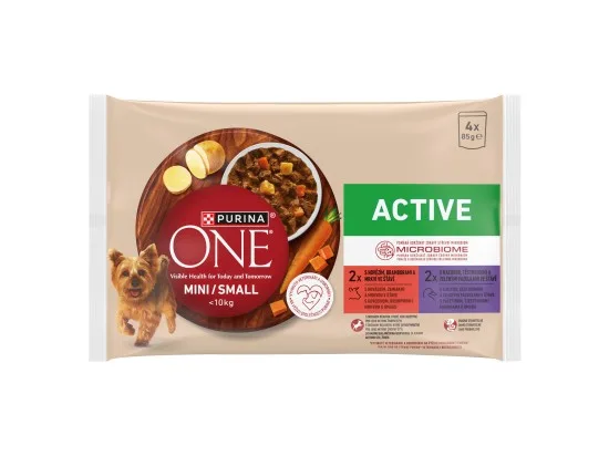 Purina ONE Mini Dog Active kapsičky pro psy hovězí, kachna ve šťávě 4 x 85g