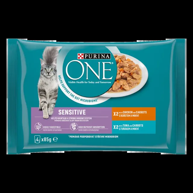 Purina One Mini filetky s kuřetem/tuňákem a mrkví ve šťávě 4x 85 g 340 g