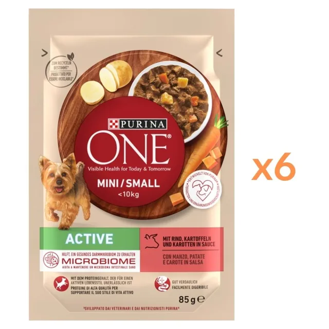 PURINA ONE Mini Small Active Beef 6x85g s hovězím masem a bramborami v omáčce, mokré krmivo pro malé psy