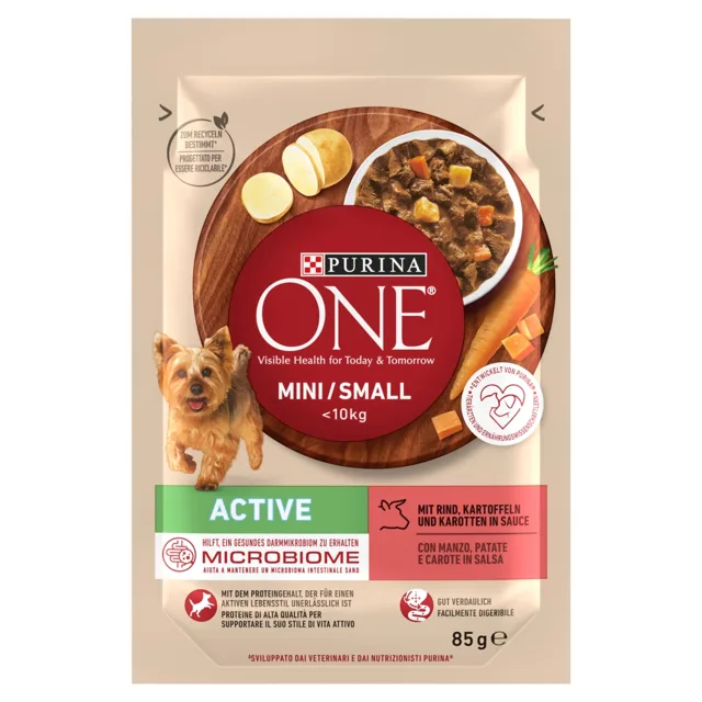 PURINA ONE Mini Small Active Beef 85g s hovězím masem a bramborami v omáčce, mokré krmivo pro malé psy