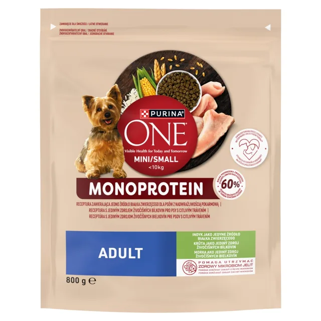 PURINA ONE Monoprotein Adult Mini Small Turkey 800g bohaté na krůtí maso granule pro psy