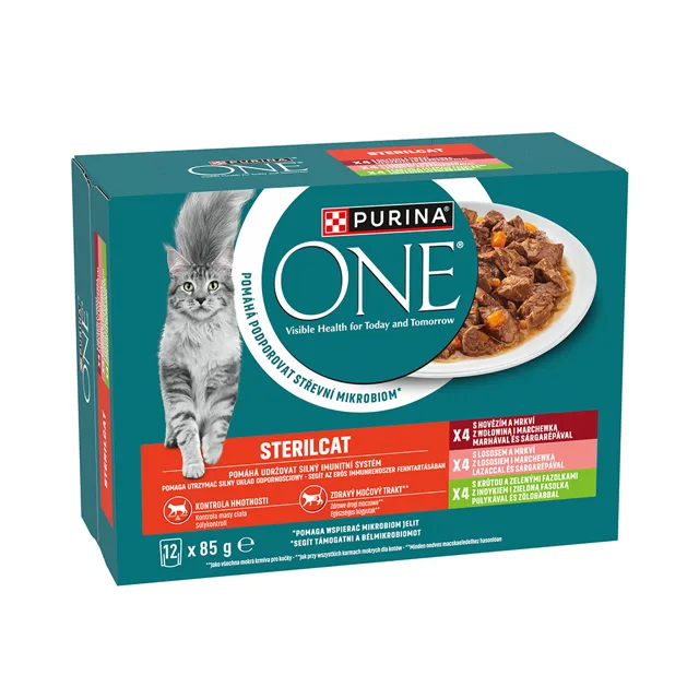 Purina ONE Sterilised hovězí, losos, krůta ve šťávě kapsičky pro kočky 12x85 g