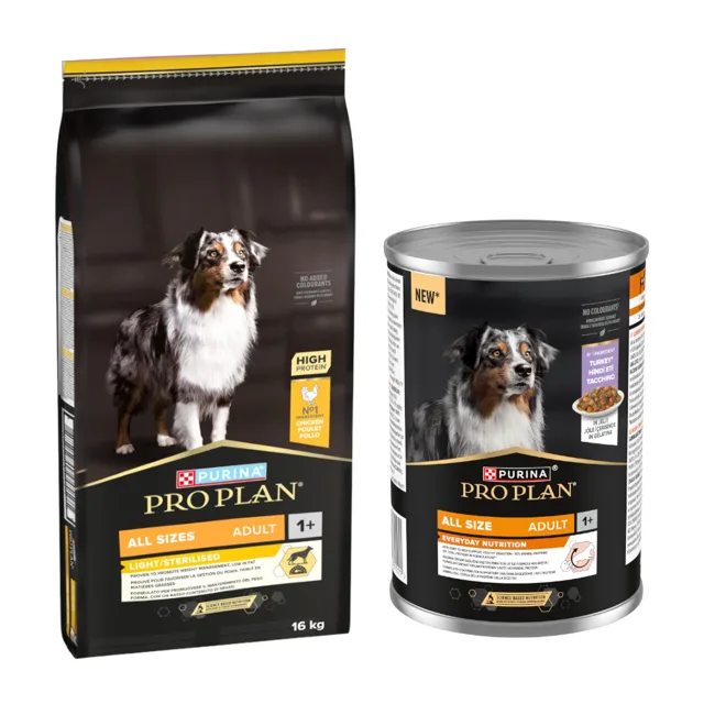PURINA PRO PLAN 16 kg + All Size Adult Everyday Nutrition, 12 x 400g zdarma - All Sizes Adult Light/Sterilised, kuřecí a rýže + krůtí