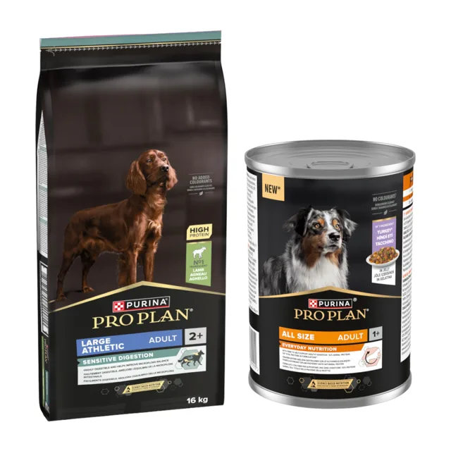 PURINA PRO PLAN 16 kg + All Size Adult Everyday Nutrition, 12 x 400g zdarma - Large Adult Athletic Sensitive Digestion,  jehněčí a rýže + krůtí
