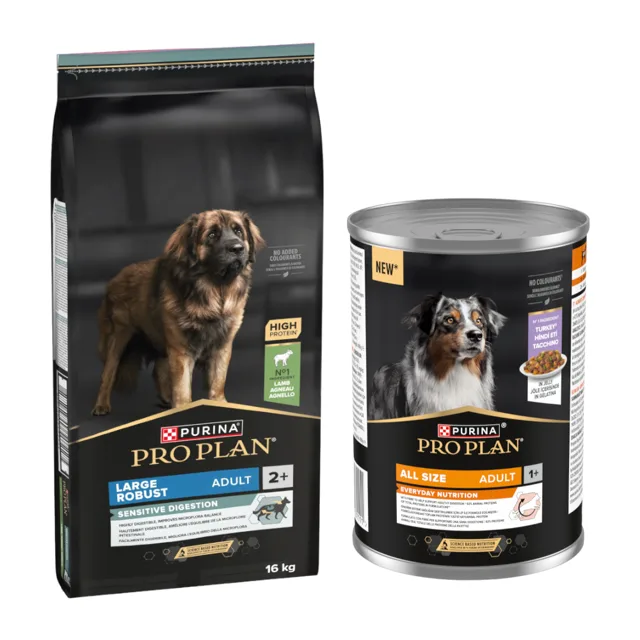 PURINA PRO PLAN 16 kg + All Size Adult Everyday Nutrition, 12 x 400g zdarma - Large Adult Robust Sensitive Digestion,  jehněčí a rýže + krůtí
