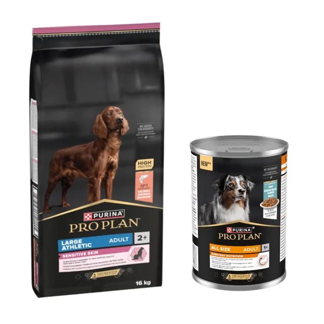 PURINA PRO PLAN 16 kg + All Size Adult Everyday Nutrition, 12 x 400g zdarma - Large Athletic Adult Sensitive Skin, losos + Ryba