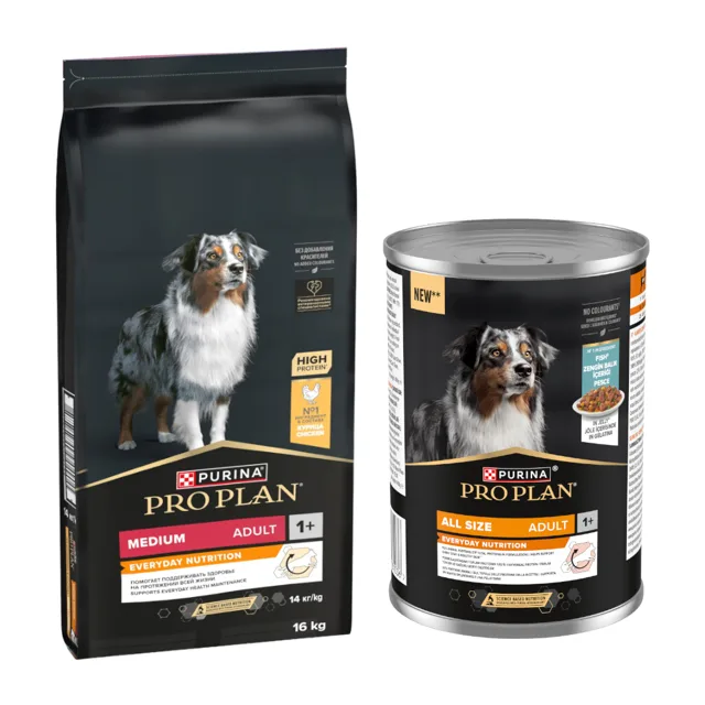 PURINA PRO PLAN 16 kg + All Size Adult Everyday Nutrition, 12 x 400g zdarma - Medium Adult Everyday Nutrition, kuřecí a rýže + Ryba