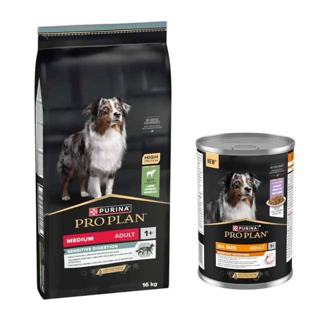 PURINA PRO PLAN 16 kg + All Size Adult Everyday Nutrition, 12 x 400g zdarma - Medium Adult Sensitive Digestion, jehněčí a rýže + Indyk