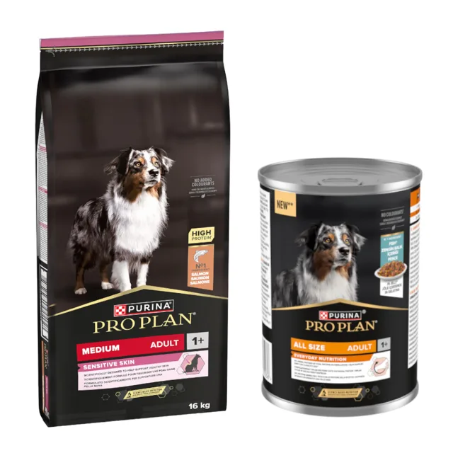 PURINA PRO PLAN 16 kg + All Size Adult Everyday Nutrition, 12 x 400g zdarma - Medium Adult Sensitive Skin, losos s ryží + Ryba