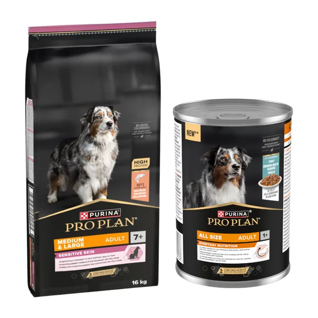 PURINA PRO PLAN 16 kg + All Size Adult Everyday Nutrition, 12 x 400g zdarma - Medium & Large Adult 7+ Sensitive Skin, losos s ryží + Ryba