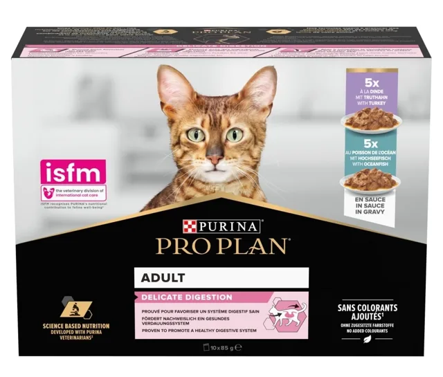 PURINA PRO PLAN Delicate Digestion s krůtou a mořskými rybami v omáčce balení 10x85g mokré krmivo pro kočky s citlivým trávicím systémem