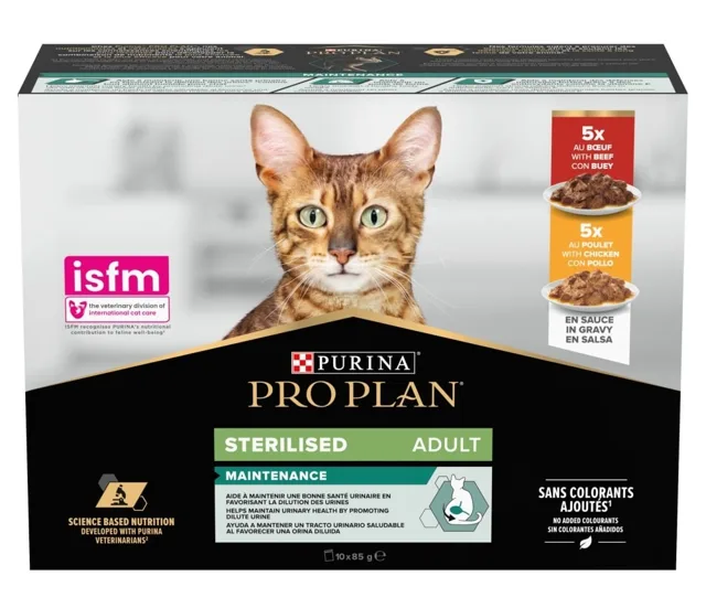 PURINA PRO PLAN Vícebalení sterilizovaného krmiva pro sterilizované kočky s hovězím a kuřecím masem 10x85g
