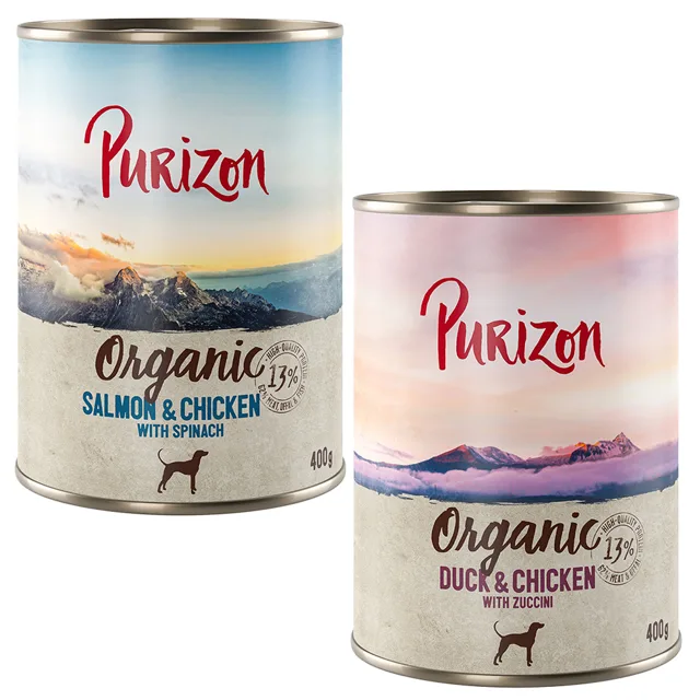 Purizon Organic 6 x 400 g - míchané balení: 3 x kachna s kuřetem, 3 x losos s kuřetem
