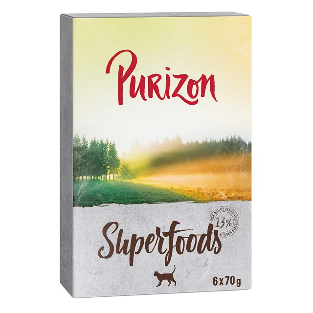 Purizon Superfoods 6 x 70 g - míchané balení (2x kuřecí, 2x tuňák, 1x divočák, 1x zvěřina)
