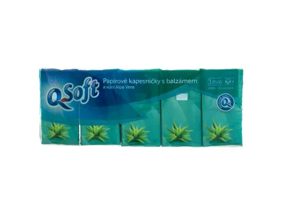 Q-Soft papírové kapesníčky s balzámem a vůní Aloe Vera 4vrstvé 10 x 10 ks