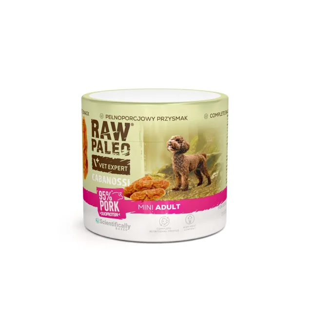 RAW PALEO Cabanossi Pork Mini 100g vepřové maso, polomokré kompletní krmivo ve formě klobás pro psy