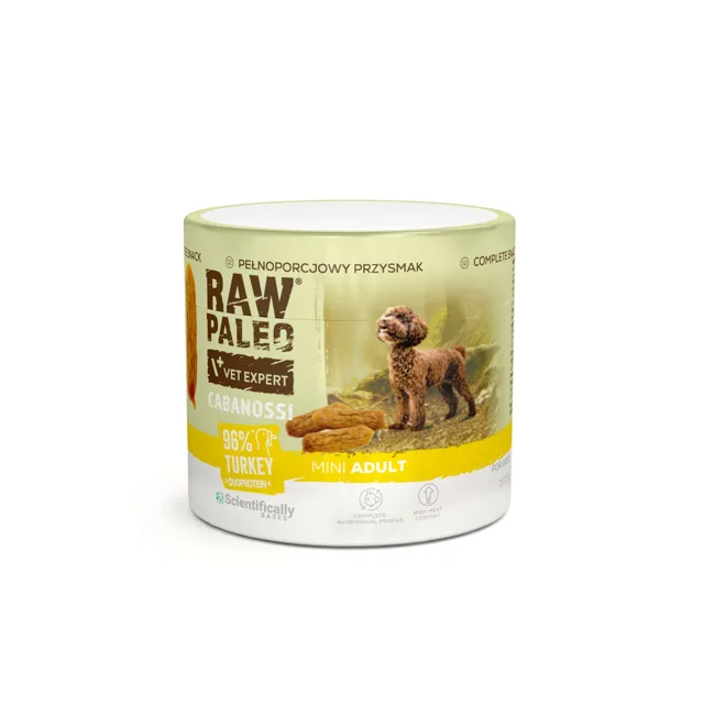 RAW PALEO Cabanossi Turkey Mini 100g krůta, polomokré kompletní krmivo ve formě klobás pro psy