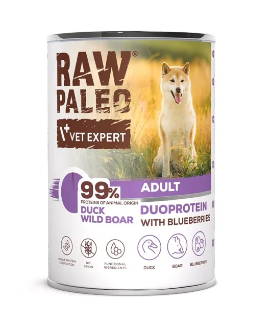 RAW PALEO Kachna Kanec 400g konzerva pro dospělé psy s kachním a kančím masem