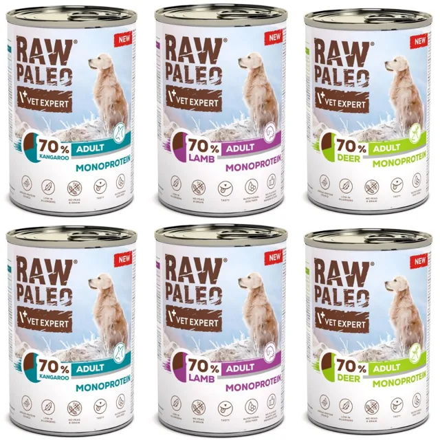 RAW PALEO Monoprotein Adult 6x400g Mix Chutí, krmivo pro psy