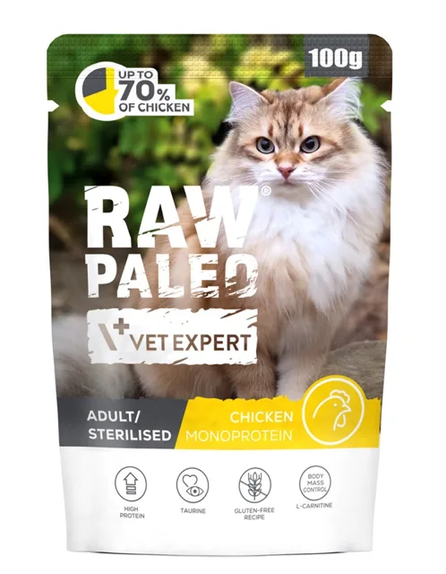 RAW PALEO Monoprotein Adult Sterilised Chicken 100 g pro dospělé a sterilizované kočky s kuřecím masem