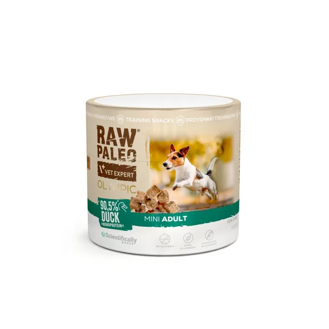 RAW PALEO Olympic Duck Mini 90g kachna, hypoalergenní monoproteinová tréninková pochoutka pro psy