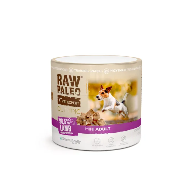 RAW PALEO Olympic Lamb Mini 90g jehněčí, hypoalergenní monoproteinová tréninková pochoutka pro psy