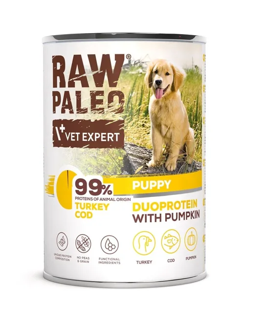 RAW PALEO Turkey Cod Puppy 400g mokré krmivo pro štěňata s krůtím masem a treskou