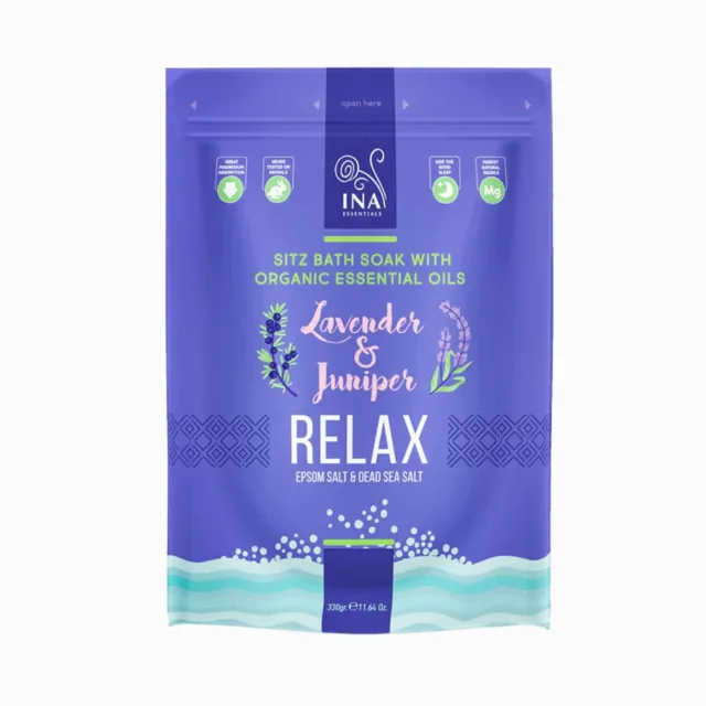 Relax – koupelová sůl s levandulí a jalovcem – odpočinek a uvolnění od stresu – 330 g – INA Essentials