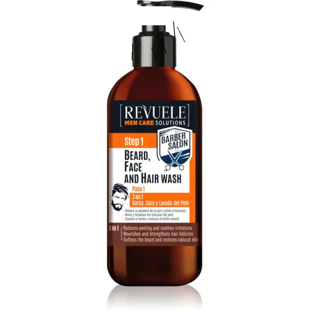 Revuele Men Care Solutions Barber Salon Step 1 mycí přípravek pro vousy, obličej i vlasy, poškozený aplikátor