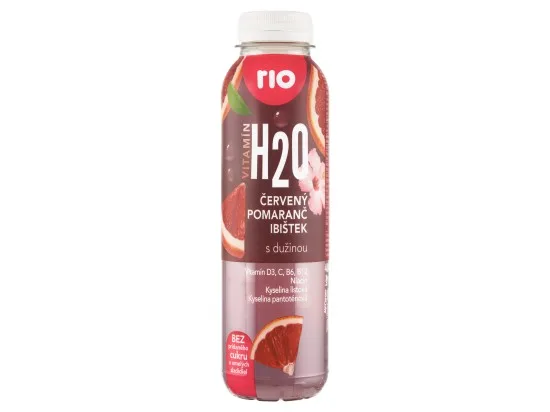Rio H2O nesycená pramenitá voda ochucená s ovocnými šťávami a dužninou s ibiškem a vitaminy 400 ml