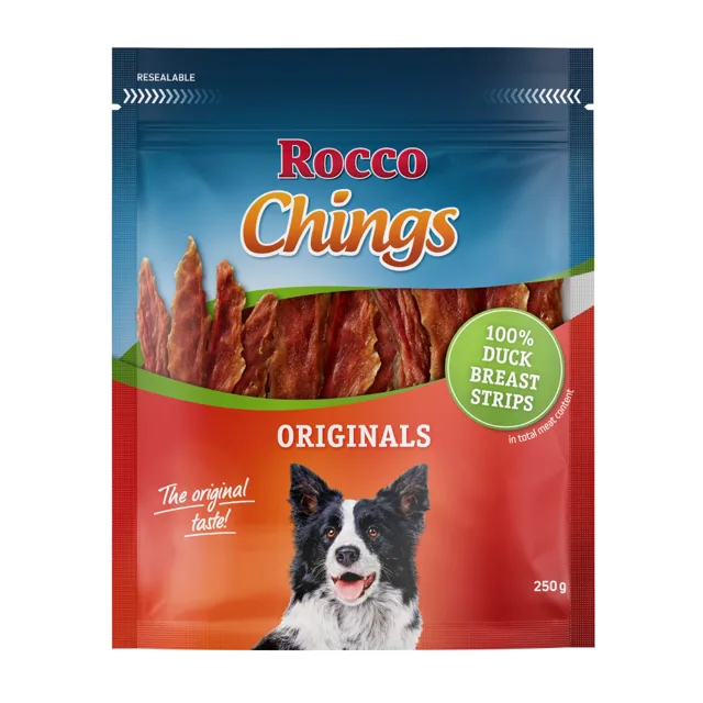 Rocco Chings sušené maso pro psy - Kachní prsa proužky  250 g