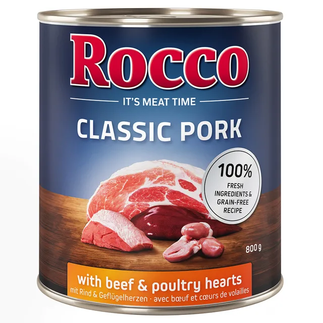 Rocco Classic Pork 24 x 800g - výhodné balení - hovězí a drůbeží srdíčka