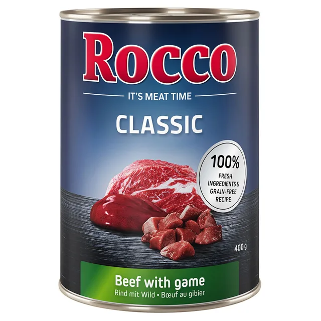 Rocco Classic zkušební mix 6 x 400 g - nejprodávanější mix: hovězí, hovězí/drůbeží srdce, hovězí/kuřecí