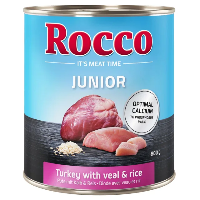 Rocco Junior 12 x 800 g - výhodné balení - míchané balení: krůtí s telecími srdci, drůbeží s kuřecími srdci