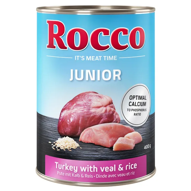 Rocco Junior 24 x 400 g - krůtí s telecími srdci a rýží