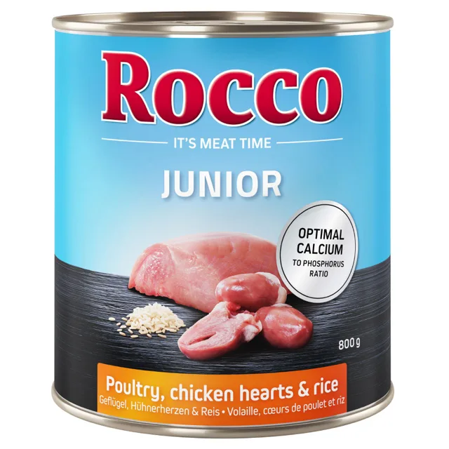 Rocco Junior 6 x 800 g -  drůbeží s kuřecími srdci a rýží