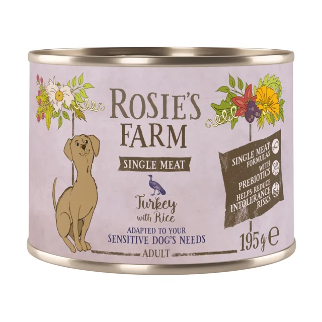 Rosie's Farm Single Meat Adult 6 ks (6 x 195 g) - míchané balení (krocaní a rýže, jehněčí a rýže, rybí a rýže)