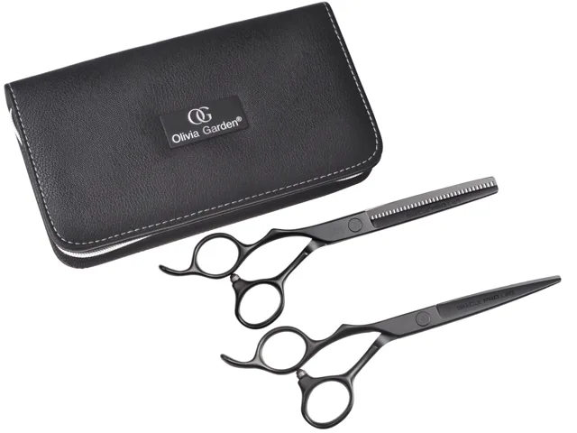 Sada kadeřnických 5,75" a efilačních 6,35" nůžek pro leváky SilkCut Pro Matt Black Olivia Garden (PRO5.75/6.35L) + dárek zdarma