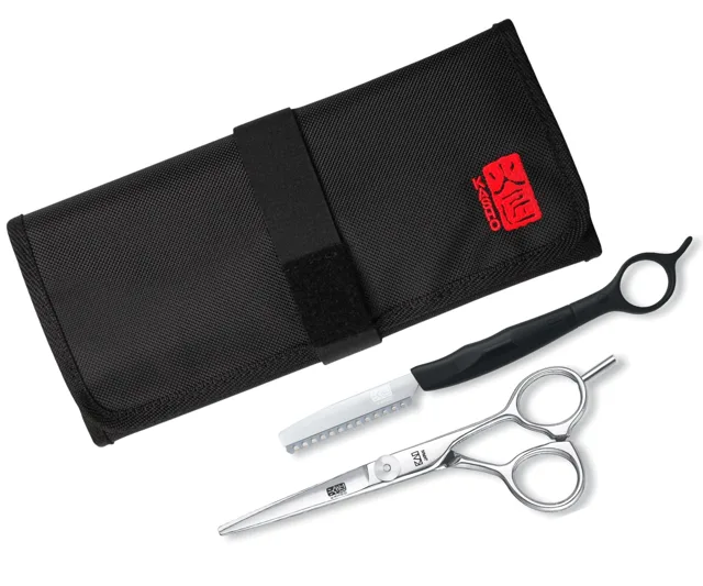Sada kadeřnických nůžek Kasho Design Master Offset 6" a břitvy Kasho Speed Edge Razor s textilním pouzdrem + dárek zdarma