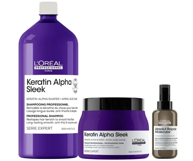 Sada pro uhlazení vlasů Loréal Professionnel Keratin Alpha Sleek + přípravná péče Absolut Repair Molecular 100 ml zdarma - L’Oréal Professionnel + dár